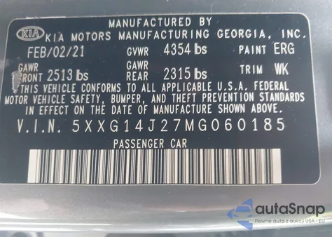 2021 Kia K5 Lxs z USA, uszkodzony, nr VIN 5XXG14J27MG060185